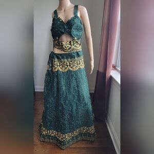 Embroidered Net Lehenga in Dark Green with golden border size: 36